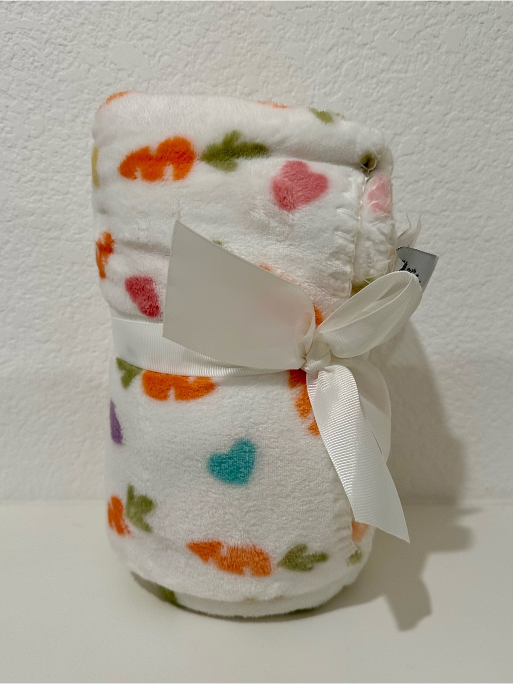 Plush White Baby Blanket with Colorful Hearts & Carrots
